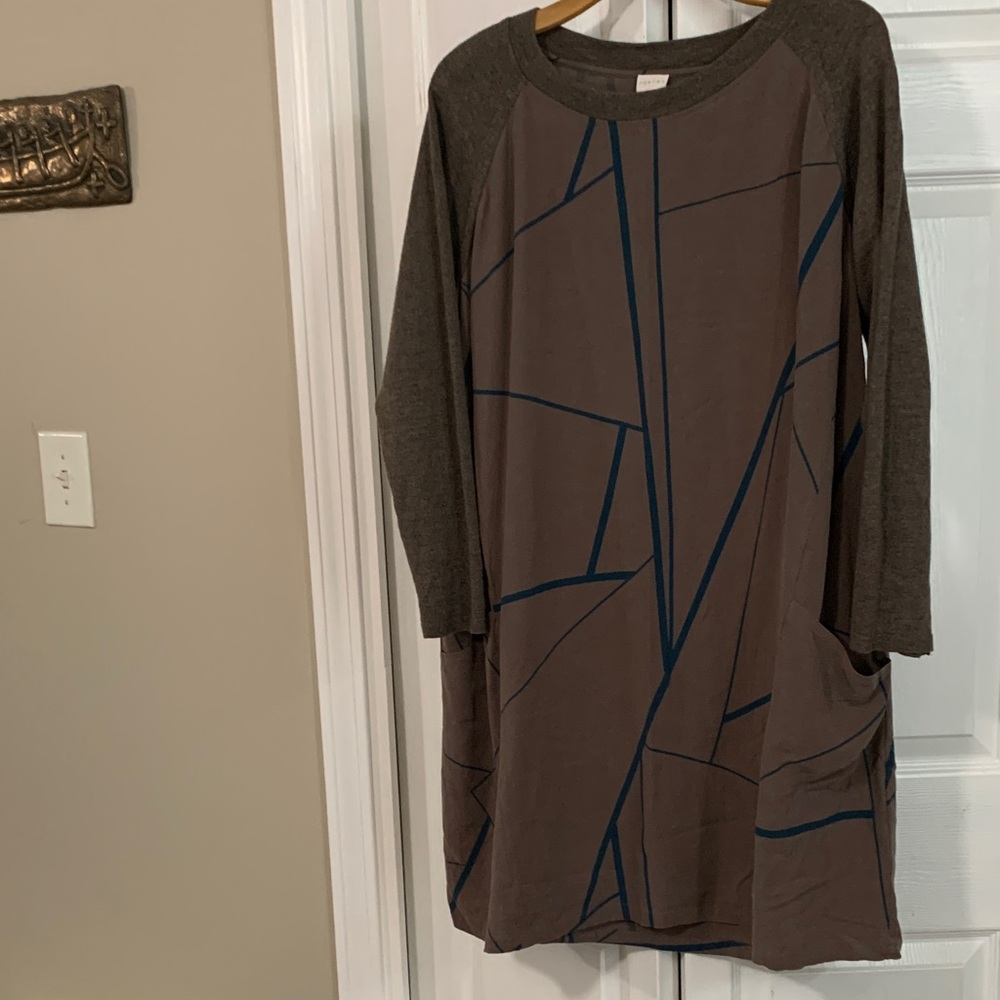 Poetry Linen Long Sleeve Dress in Brown and Blue